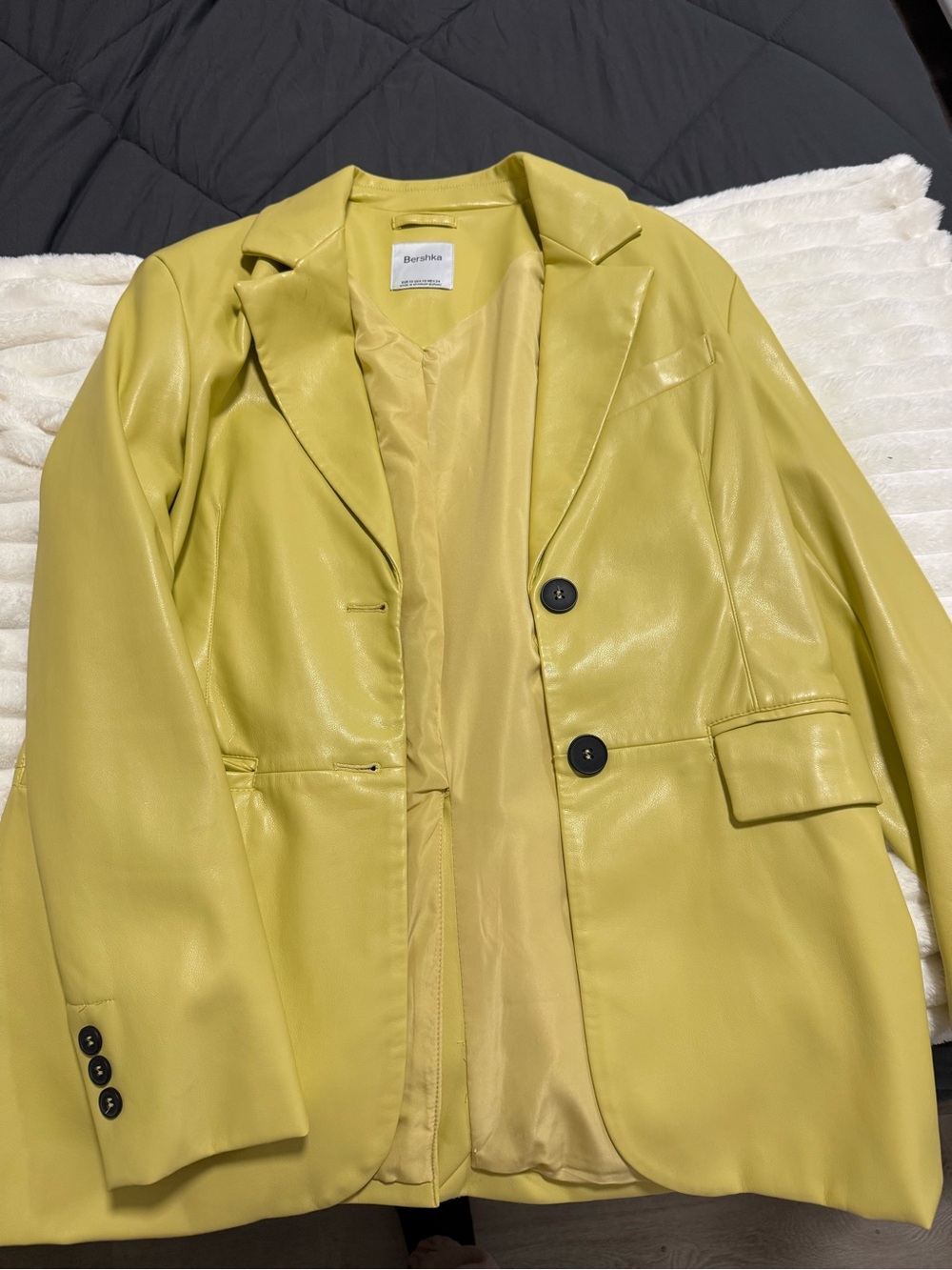 Bershka Lemon-Green Faux Leather Blazer Jacket